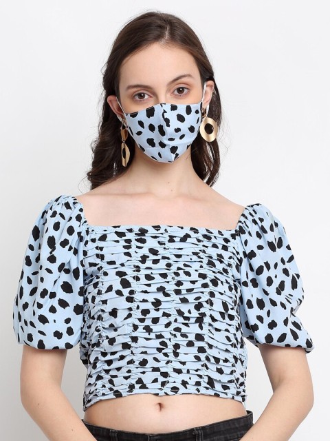 

DIVA WALK EXCLUSIVE Blue Animal Puff Sleeve Bardot Crop Top