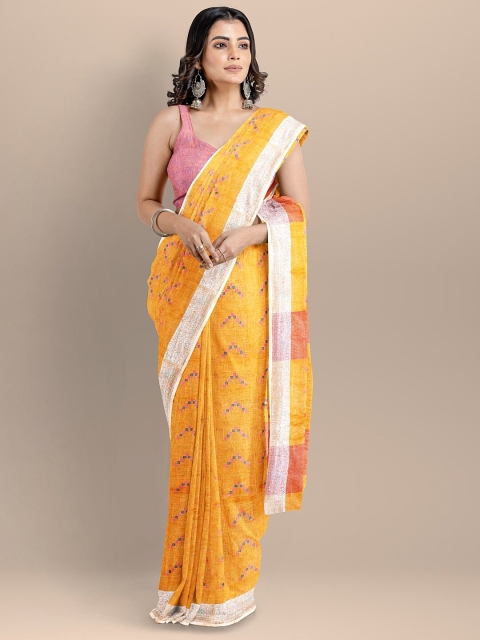 

BharatSthali Yellow & Pink Ethnic Motifs Zari Pure Linen Jamdani Handloom Saree