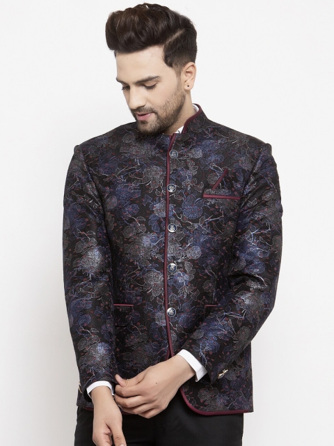 

KLOTTHE Men Grey & Blue Printed Slim-Fit Bandhgala Party Blazer