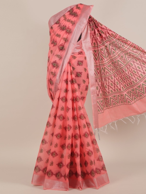 

Pothys Pink & Green Ethnic Motifs Zari Cotton Blend Saree