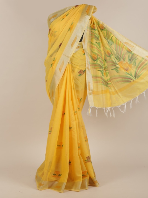 

Pothys Yellow & Green Floral Zari Cotton Blend Saree