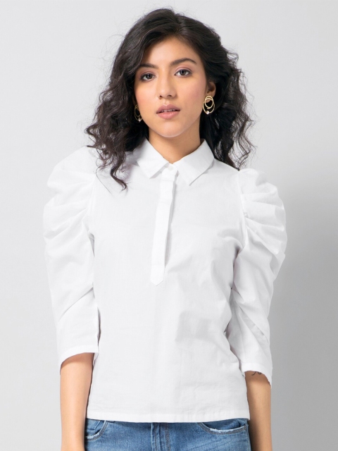 

FabAlley Women White Puff Sleeve Shirt Collar Top