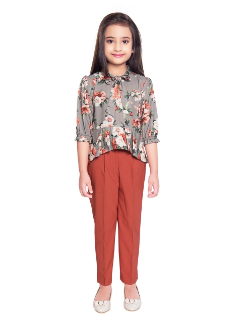 

Tiny Baby Girls Grey & Brown Printed Top with Trousers