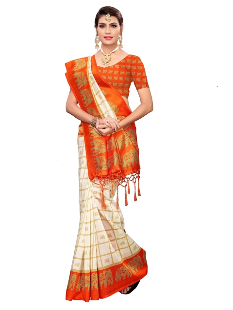 

KALINI Orange & Cream-Coloured Checked Zari Art Silk Saree