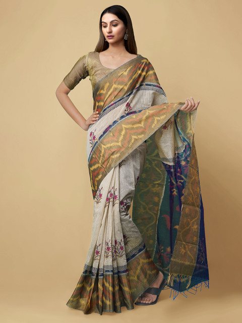 

Unnati Silks Cream & Navy Blue Ethnic Motifs Silk Cotton Chanderi Handloom Saree