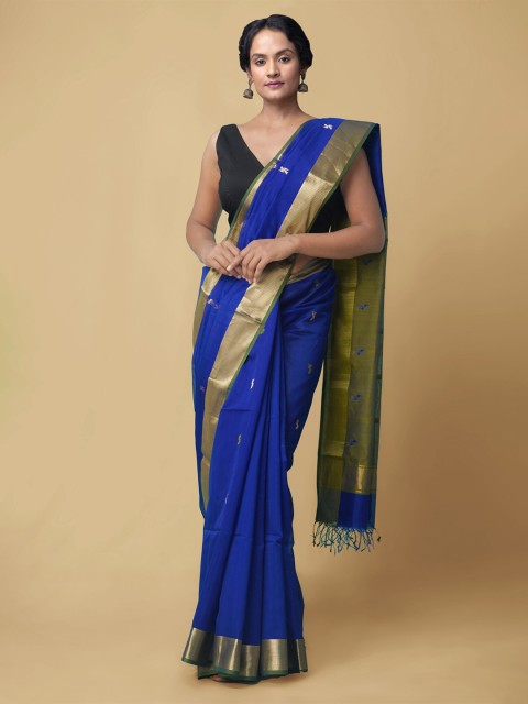 

Unnati Silks Blue & Gold-Toned Zari Silk Cotton Maheshwari Saree