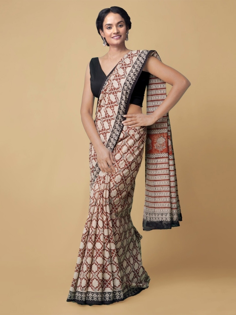 

Unnati Silks Women Red & Cream-Coloured Pure Bagru Printed Kota Cotton Sustainable Saree
