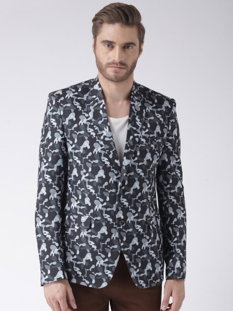 

Hangup Men Black & Grey Camouflage Printed Single-Breasted Blazer