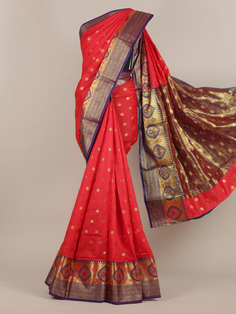 

Pothys Red & Gold-Toned Ethnic Motifs Zari Cotton Blend Saree