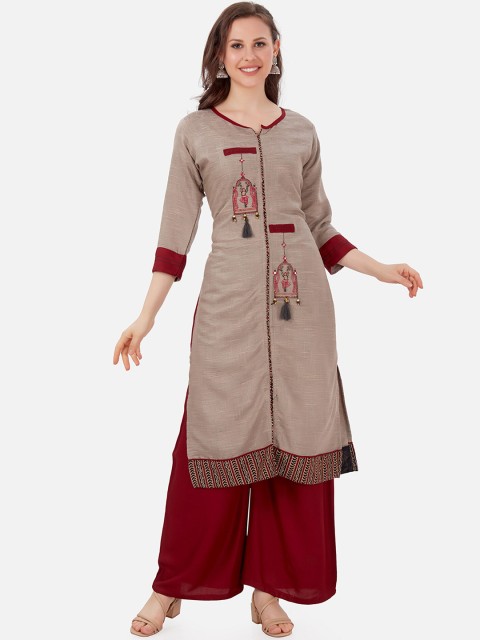 

Kiana Women Brown & Red Ethnic Motifs Embroidered Kurta with Palazzos