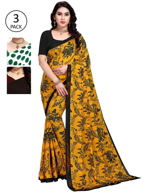 

KALINI Women Pack of 3 Printed Poly Georgette Sarees, Green