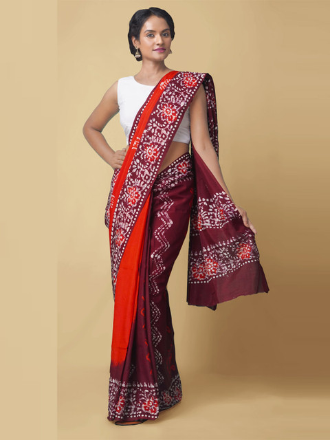 

Unnati Silks Orange & Maroon Batik Block Print Handloom Sustainable Saree