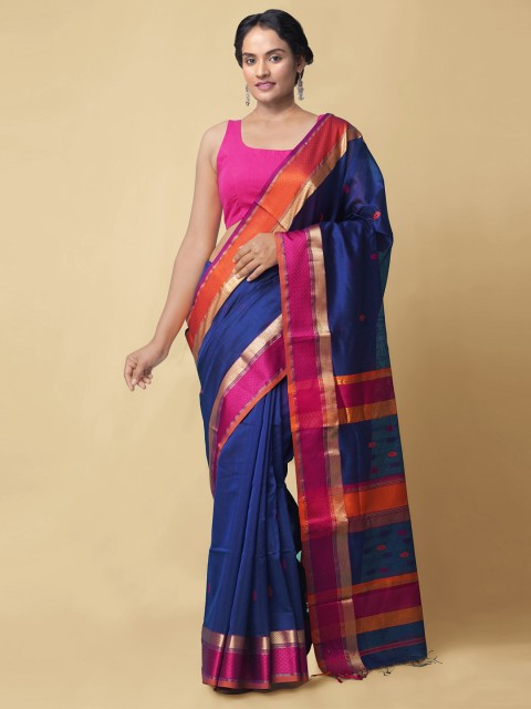 

Unnati Silks Blue & Pink Woven Design Zari Silk Cotton Maheshwari Saree