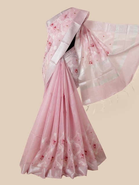

Pothys Pink & White Floral Print Tissue Saree