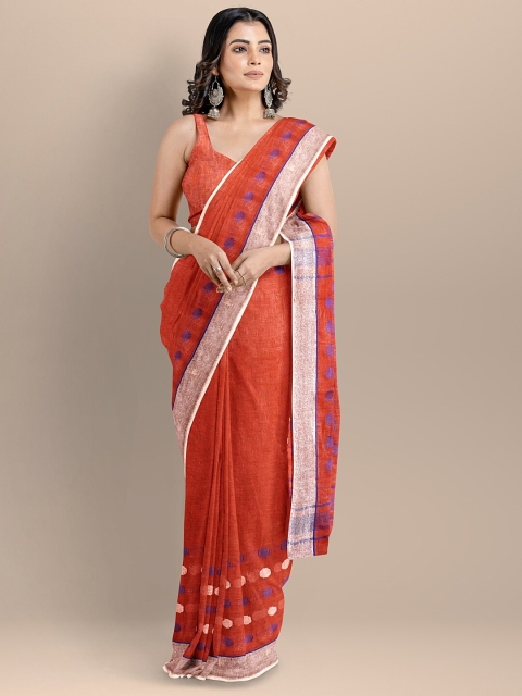 

BharatSthali Red & Purple Zari Pure Linen Jamdani Handloom Saree