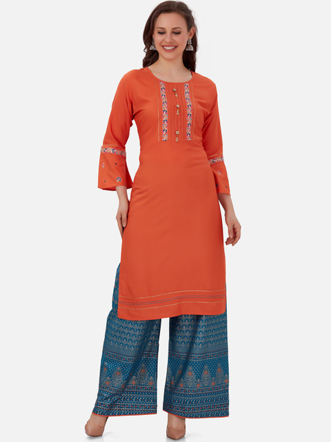 

Kiana Women Orange Floral Embroidered Kurta with Palazzos
