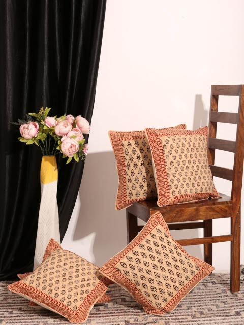 

Gulaab Jaipur Beige & Red Set of 5 Handblock Printed Square Cushion Covers