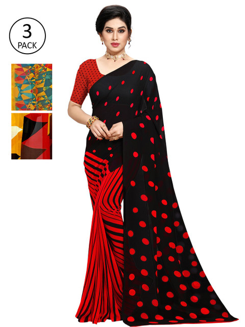 

KALINI Pack of 3 Poly Georgette Printed Sarees, Black