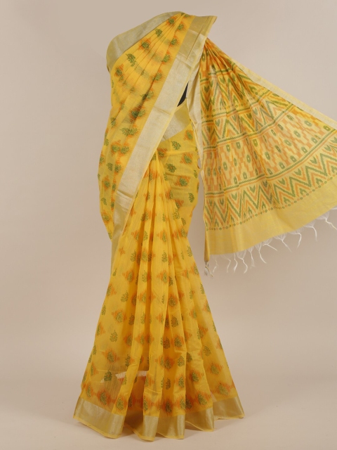 

Pothys Yellow & Green Ethnic Motifs Cotton Blend Saree
