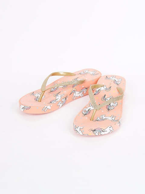 

Fame Forever by Lifestyle Girls Gold-Coloured & Peach-Coloured Printed Thong Flip-Flops
