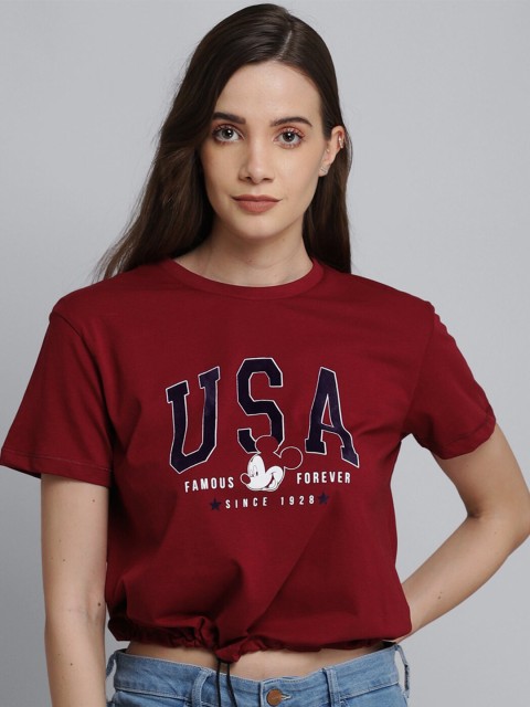 

Free Authority Women Maroon Cotton Mickey Friends Printed Pure Cotton T-shirt