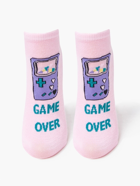 

FOREVER 21 Women's Pink & Blue Game Over Printed Ankle-Length Socks