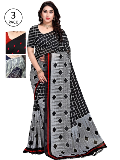 

KALINI Women Pack of 3 Printed Sarees, Black