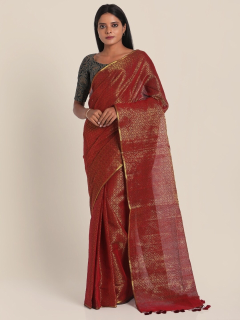 

Suta Maroon & Gold-Toned Woven Design Zari Pure Cotton Saree