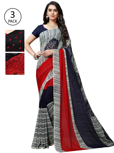 

KALINI Pack of 3 Poly Georgette Printed Sarees, Red