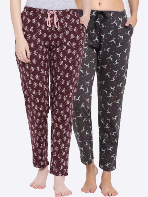 

Kanvin Women Pack Of 2 Printed Pure Cotton Lounge Pants, Burgundy