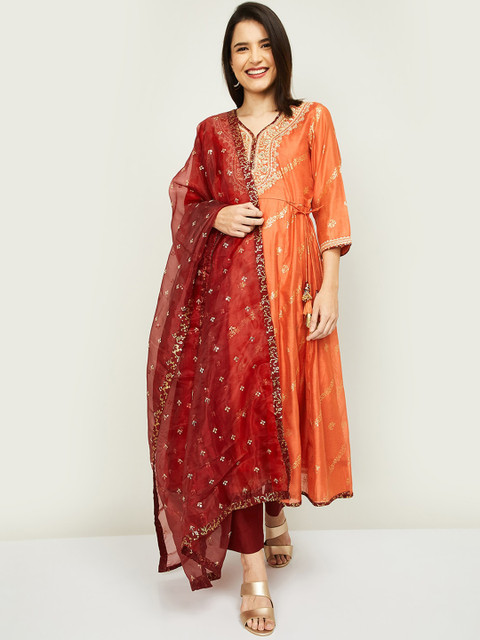 

Melange by Lifestyle Women Orange Embroidered Panelled Chanderi Cotton Kurti with Trousers & With Dupatta