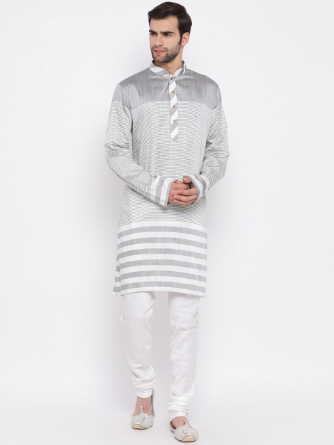 VASTRAMAY Men Grey Striped High Slit Kurta with Pyjamas