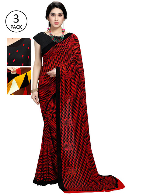 

KALINI Women Pack of 3 Printed Poly Georgette Sarees, Red