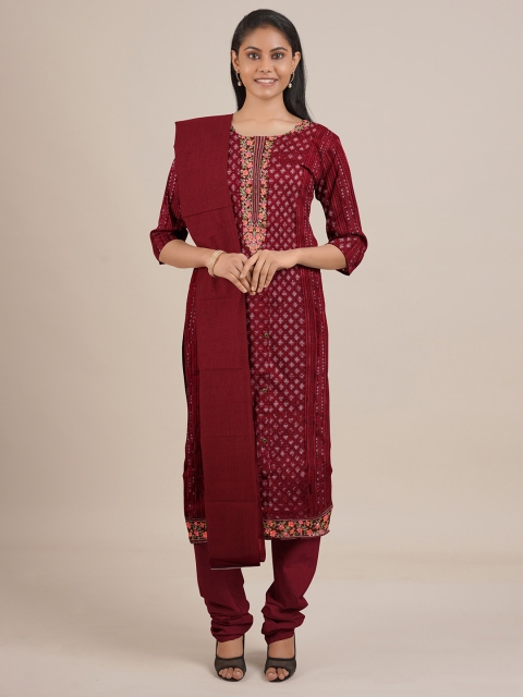 

Pothys Maroon & Pink Printed Unstitched Dress Material