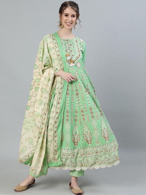 

Ishin Women Green Ethnic Motifs Printed Pure Cotton Kurta with Trousers & With Dupatta