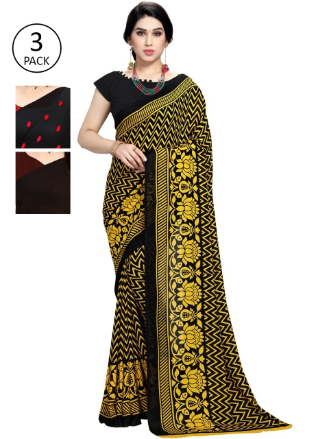 

KALINI Women Pack of 3 Printed Poly Georgette Sarees, Yellow