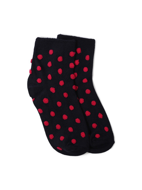 

FOREVER 21 Women Navy Blue & Magenta Pink Polka Dot Embroidered Ankle-Length Socks
