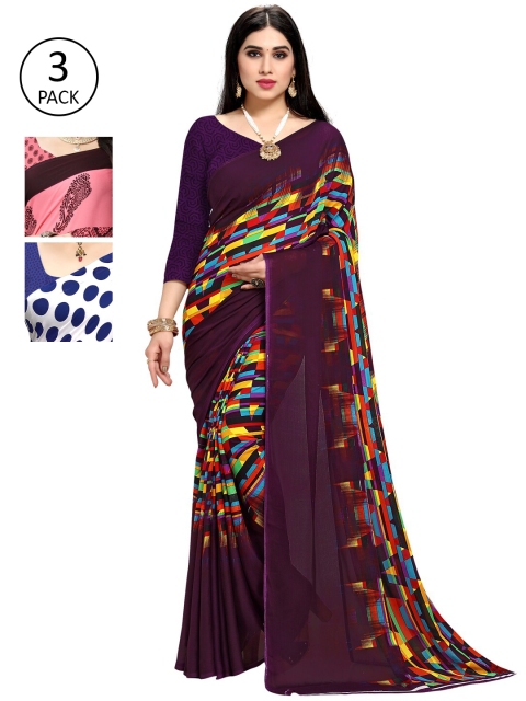 

KALINI Pack of 3 Poly Georgette Sarees, White