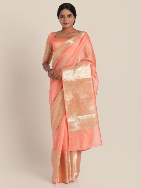 

Suta Peach & Gold-Toned Woven Design Zari Silk Cotton Banarasi Saree