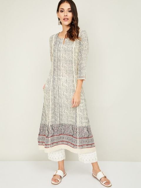 

Melange by Lifestyle Women Off White & Black Keyhole Neck Kurta