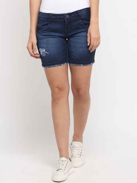 ZHEIA Women Navy Blue Skinny Fit Mid-Rise Denim Shorts