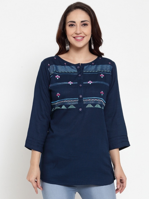 

Baani Creations Navy Blue & Pink Viscose Rayon Embroidered Tunic