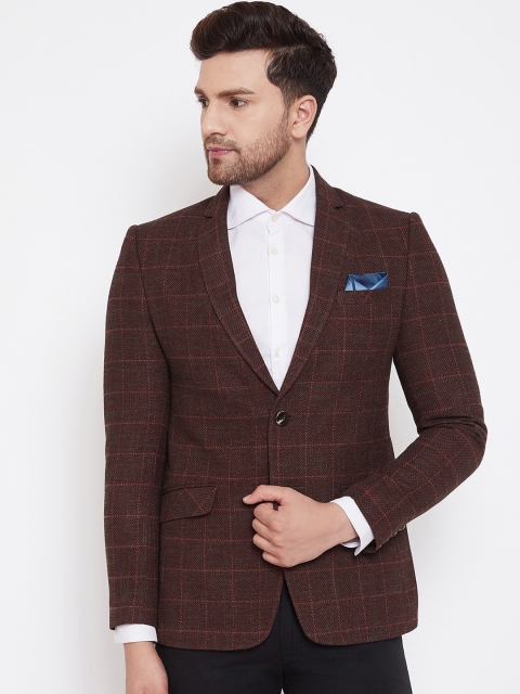 

Spirit Men Coffee Brown Checked Tailored-Fit Single-Breasted Formal Blazer
