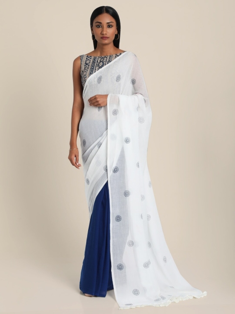 

Suta White & Blue Floral Handblock Printed Cotton Blend Saree