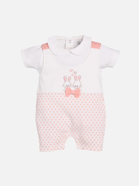 

BABY GO Infant Girls White & Peach-Coloured Printed Pure Cotton Rompers With T-Shirt