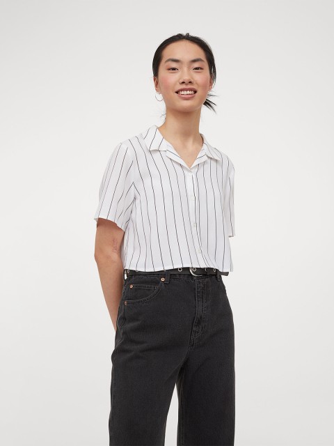 

H&M Women White & Black Striped Cropped Blouse