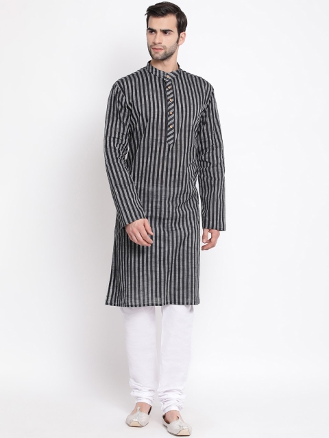 

VASTRAMAY Men Black Striped Pure Cotton Handloom Kurta with Churidar