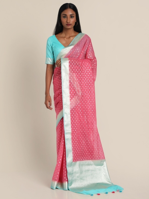 

Suta Pink & Silver-Toned Ethnic Motifs Zari Saree