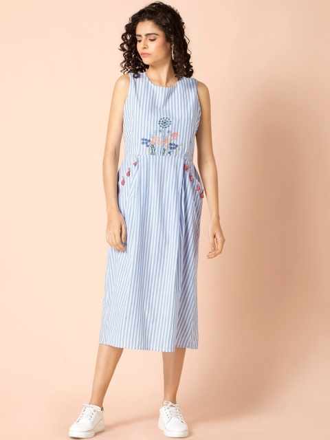 

Earthen BY INDYA Blue Striped Embroidered A-Line Dress