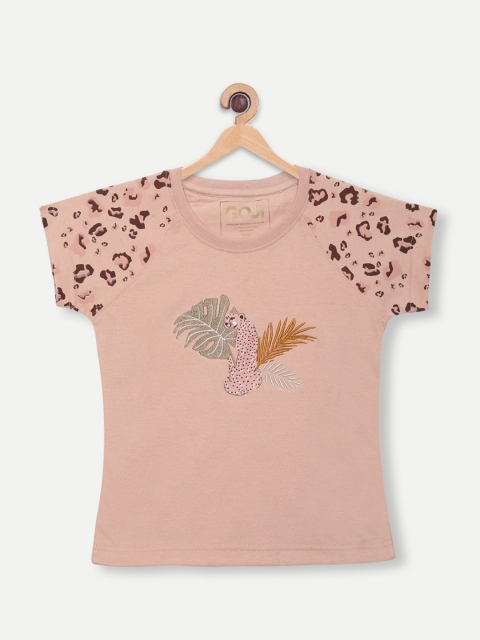 

GOJI Girls Peach-Coloured & Brown Printed T-shirt
